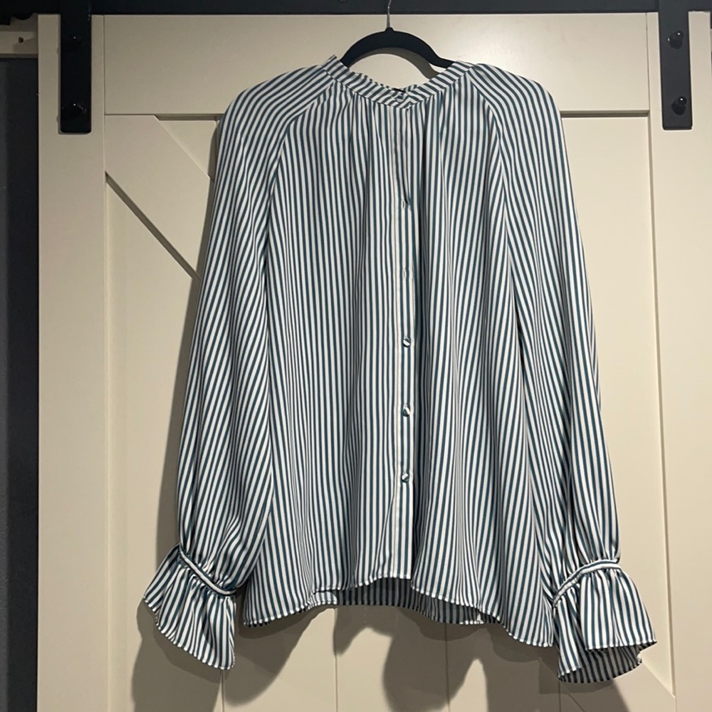 Teal Green and White striped blouse.
